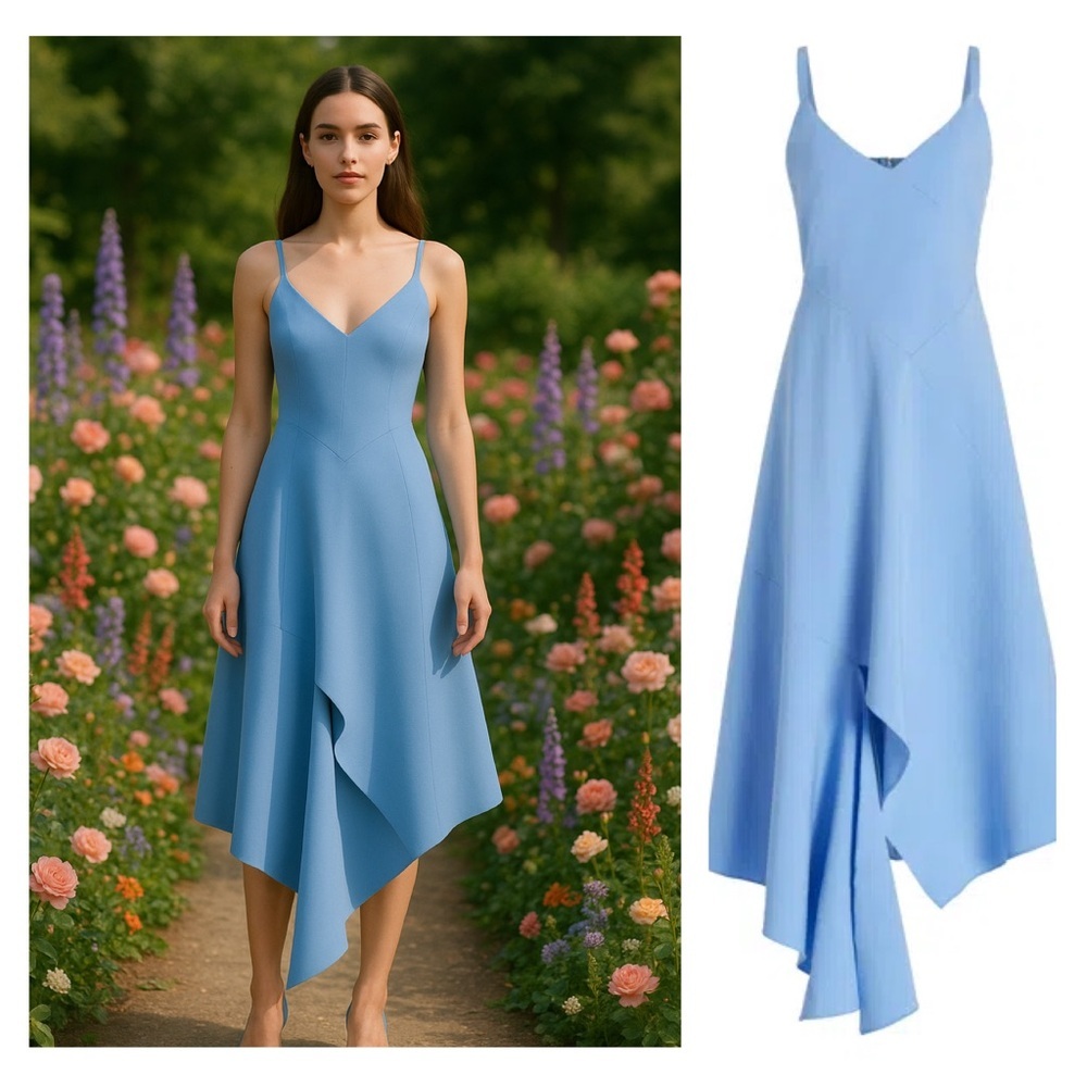 Oscar de la Renta Blue Midi Dress Wool 10 Wedding Formal Asymmetric NWT 🟡
